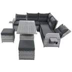 Ensemble de canapé d'angle 6 pièces pour patio, ensemble de meubles d'extérieur en rotin avec table réglable, tables d'appoint extensibles et deux poufs