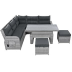 Ensemble de canapé d'angle 6 pièces pour patio, ensemble de meubles d'extérieur en rotin avec table réglable, tables d'appoint extensibles et deux poufs
