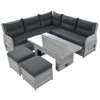 Ensemble de canapé d'angle 6 pièces pour patio, ensemble de meubles d'extérieur en rotin avec table réglable, tables d'appoint extensibles et deux poufs