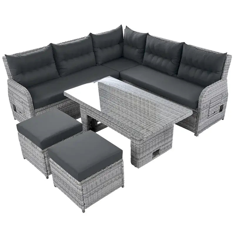 Ensemble de canapé d'angle 6 pièces pour patio, ensemble de meubles d'extérieur en rotin avec table réglable, tables d'appoint extensibles et deux poufs