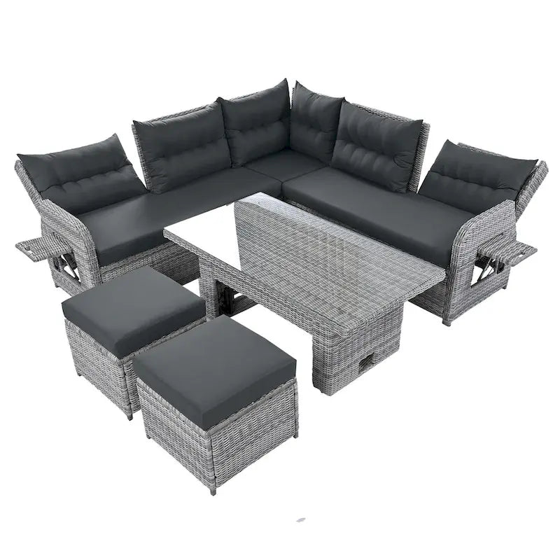 Ensemble de canapé d'angle 6 pièces pour patio, ensemble de meubles d'extérieur en rotin avec table réglable, tables d'appoint extensibles et deux poufs