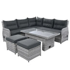 Ensemble de canapé d'angle 6 pièces pour patio, ensemble de meubles d'extérieur en rotin avec table réglable, tables d'appoint extensibles et deux poufs