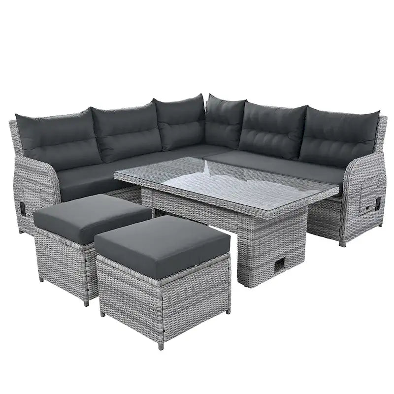 Ensemble de canapé d'angle 6 pièces pour patio, ensemble de meubles d'extérieur en rotin avec table réglable, tables d'appoint extensibles et deux poufs
