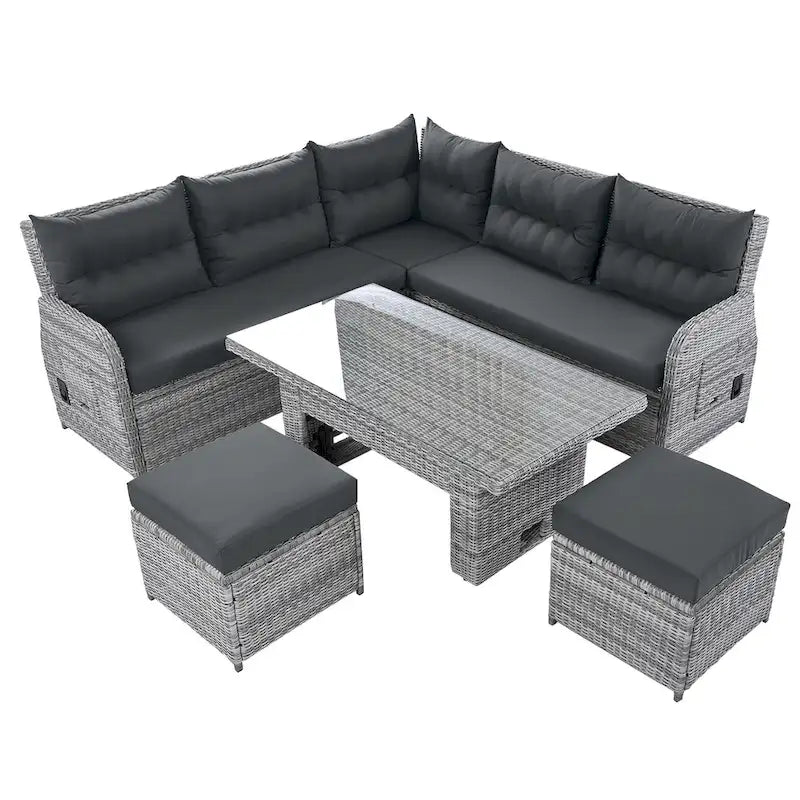 Ensemble de canapé d'angle 6 pièces pour patio, ensemble de meubles d'extérieur en rotin avec table réglable, tables d'appoint extensibles et deux poufs