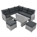 Ensemble de canapé d'angle 6 pièces pour patio, ensemble de meubles d'extérieur en rotin avec table réglable, tables d'appoint extensibles et deux poufs