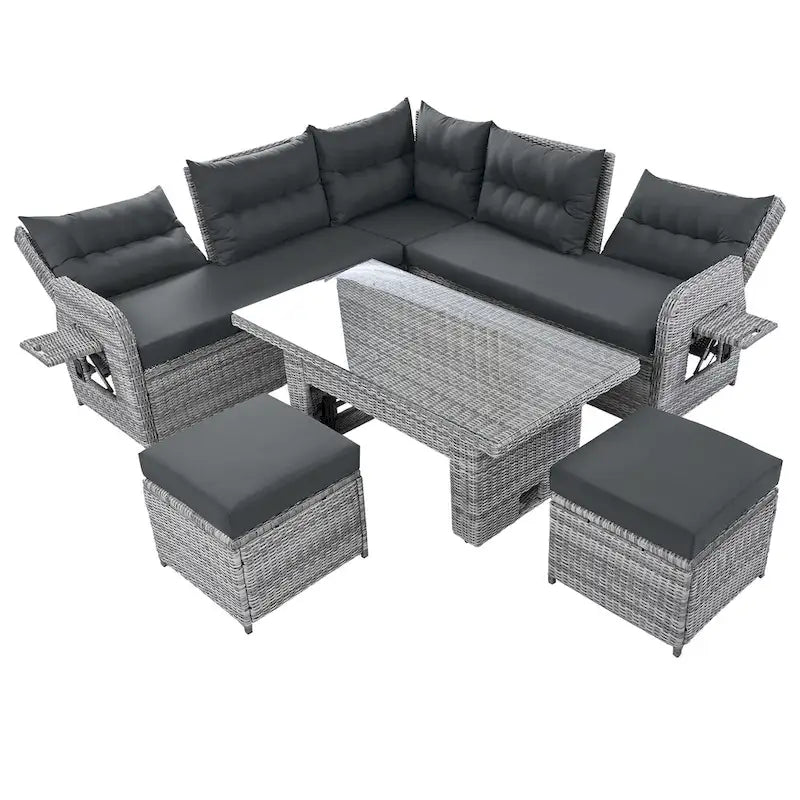 Ensemble de canapé d'angle 6 pièces pour patio, ensemble de meubles d'extérieur en rotin avec table réglable, tables d'appoint extensibles et deux poufs