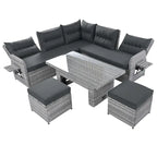 Ensemble de canapé d'angle 6 pièces pour patio, ensemble de meubles d'extérieur en rotin avec table réglable, tables d'appoint extensibles et deux poufs