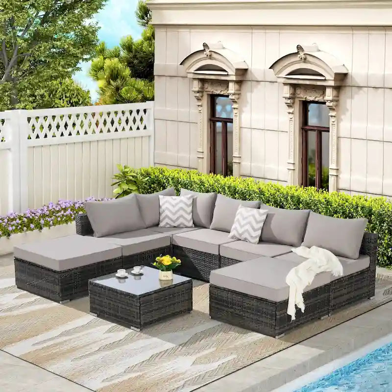 Ensemble de canapé d'angle d'extérieur 8 pièces, ensemble de mobilier de conversation en résine tressée résistante aux intempéries avec table basse et 2 coussins
