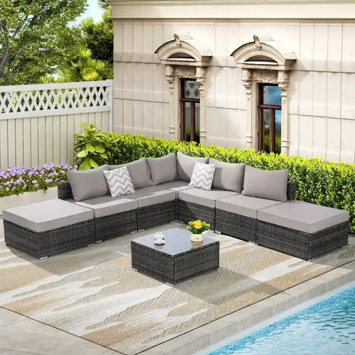 Ensemble de canapé d'angle d'extérieur 8 pièces, ensemble de mobilier de conversation en résine tressée résistante aux intempéries avec table basse et 2 coussins