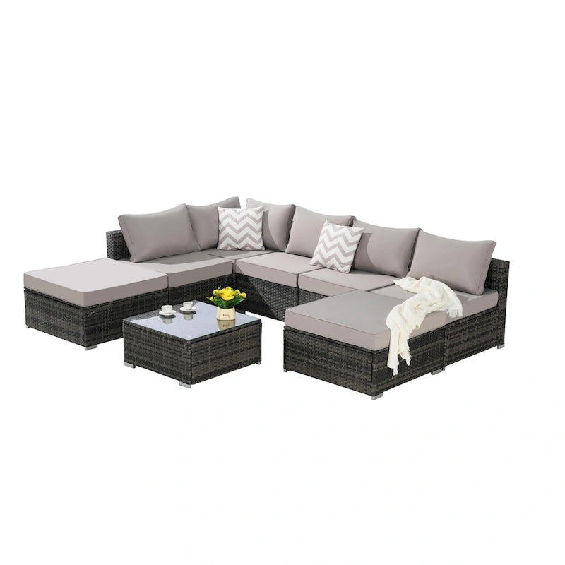 Ensemble de canapé d'angle d'extérieur 8 pièces, ensemble de mobilier de conversation en résine tressée résistante aux intempéries avec table basse et 2 coussins