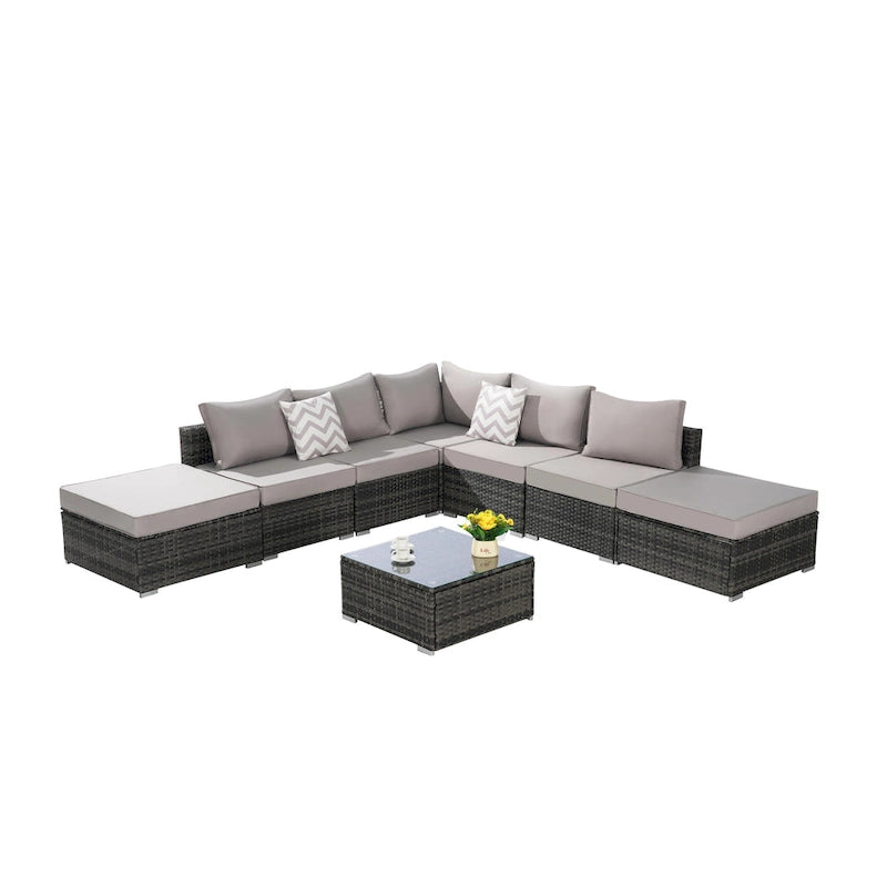 Ensemble de canapé d'angle d'extérieur 8 pièces, ensemble de mobilier de conversation en résine tressée résistante aux intempéries avec table basse et 2 coussins
