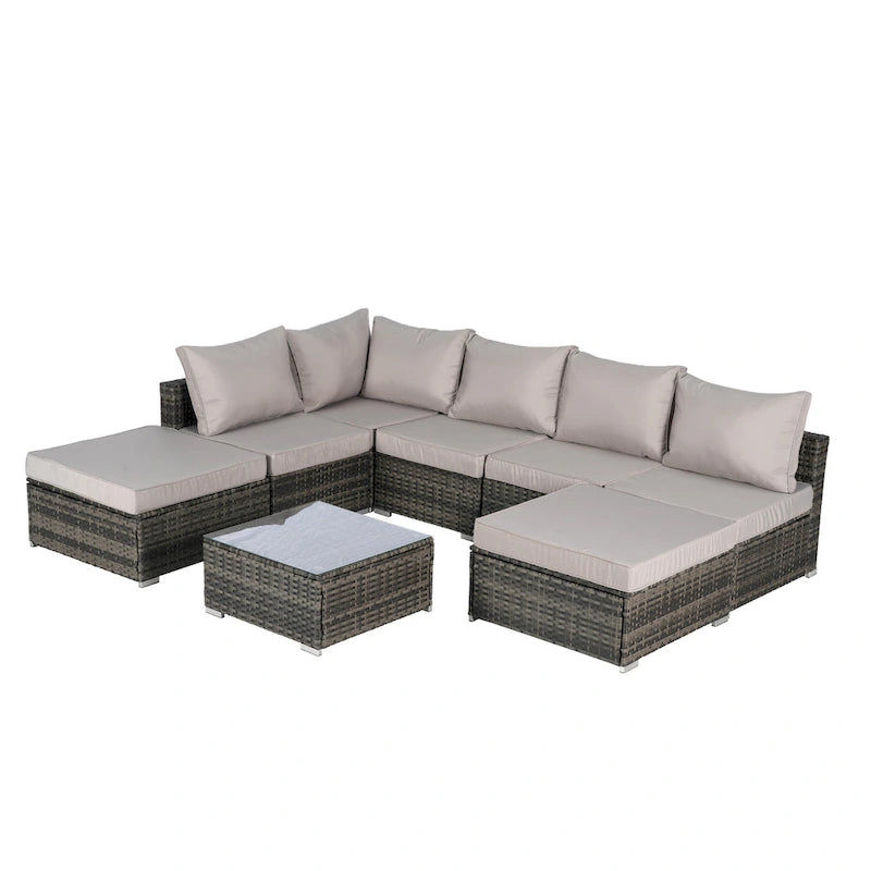 Ensemble de canapé d'angle d'extérieur 8 pièces, ensemble de mobilier de conversation en résine tressée résistante aux intempéries avec table basse et 2 coussins