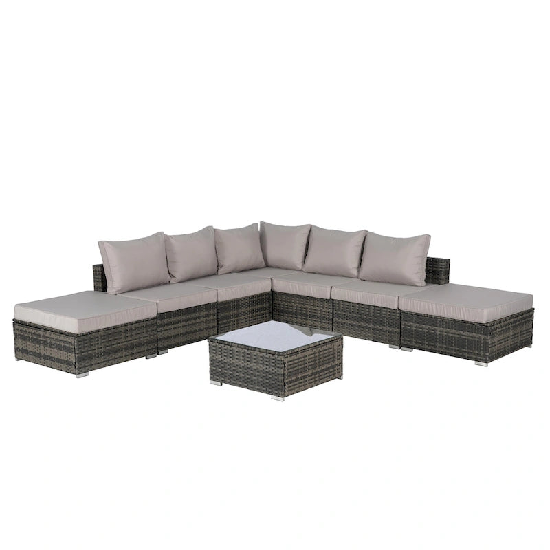Ensemble de canapé d'angle d'extérieur 8 pièces, ensemble de mobilier de conversation en résine tressée résistante aux intempéries avec table basse et 2 coussins