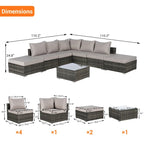 Ensemble de canapé d'angle d'extérieur 8 pièces, ensemble de mobilier de conversation en résine tressée résistante aux intempéries avec table basse et 2 coussins