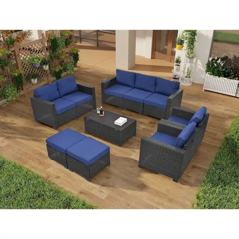 Ensemble de canapé d'angle 10 pièces en rotin PE pour extérieur, mobilier de conversation pour patio avec coussins et table basse
