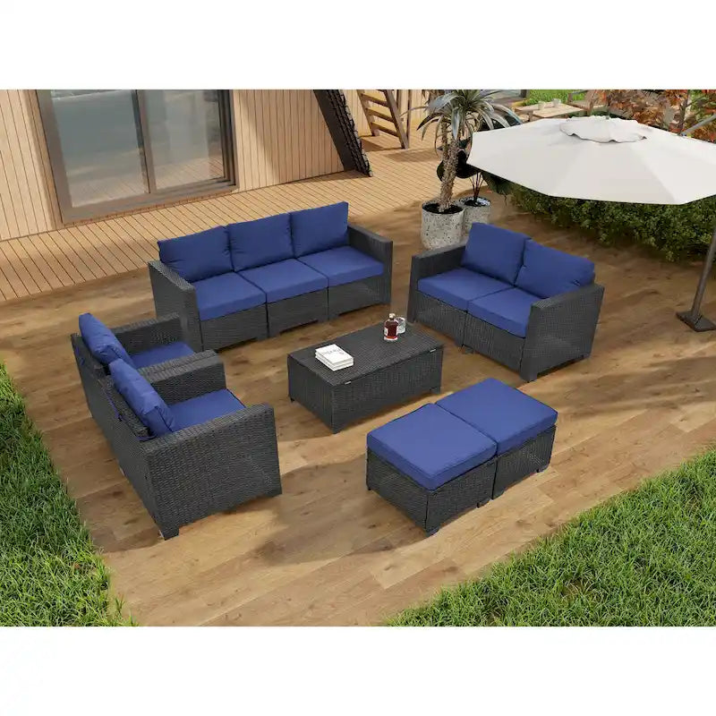 Ensemble de canapé d'angle 10 pièces en rotin PE pour extérieur, mobilier de conversation pour patio avec coussins et table basse