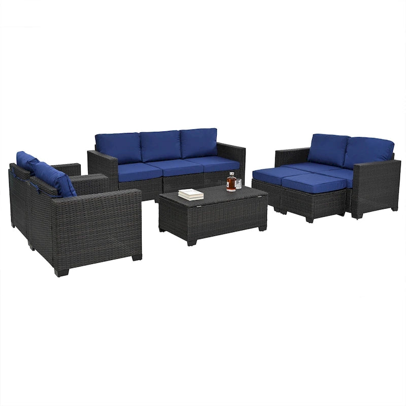 Ensemble de canapé d'angle 10 pièces en rotin PE pour extérieur, mobilier de conversation pour patio avec coussins et table basse