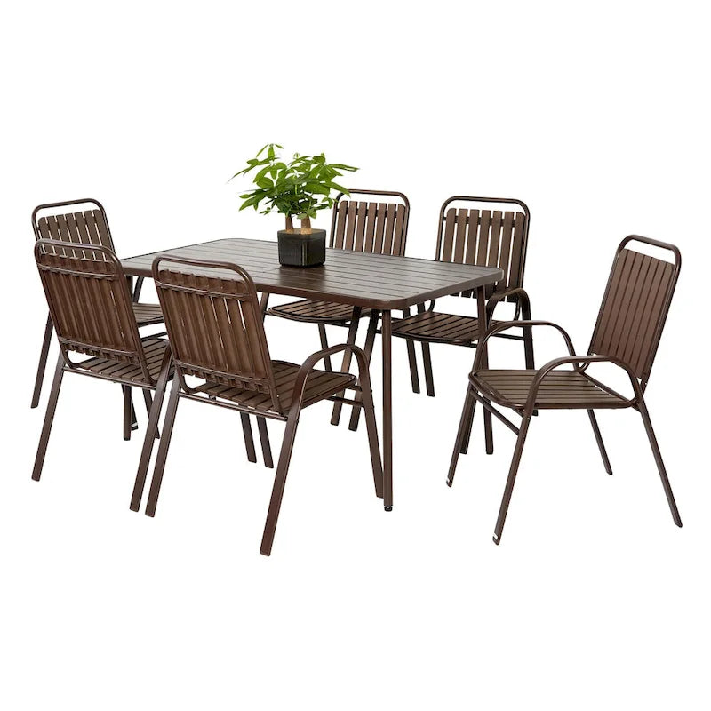 Ensemble de salle à manger d'extérieur 7 pièces comprenant une table rectangulaire en acier et 6 chaises.