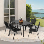Ensemble de salle à manger d'extérieur 7 pièces comprenant une table rectangulaire en acier et 6 chaises.