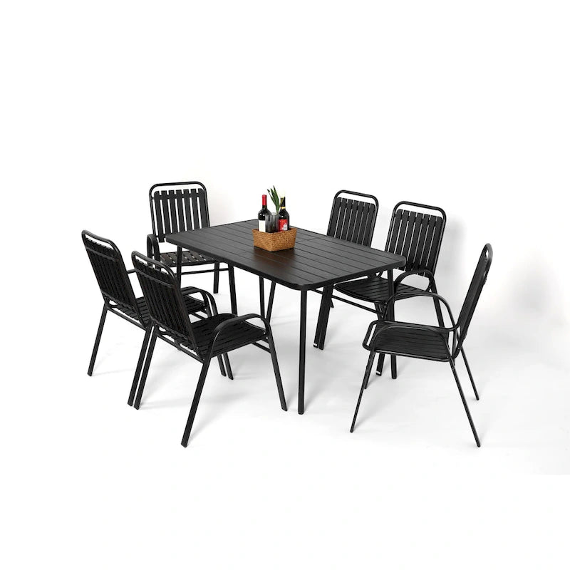 Ensemble de salle à manger d'extérieur 7 pièces comprenant une table rectangulaire en acier et 6 chaises.