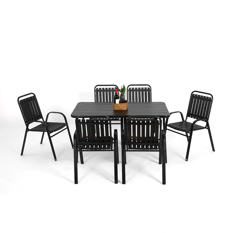 Ensemble de salle à manger d'extérieur 7 pièces comprenant une table rectangulaire en acier et 6 chaises.