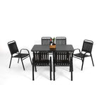 Ensemble de salle à manger d'extérieur 7 pièces comprenant une table rectangulaire en acier et 6 chaises.