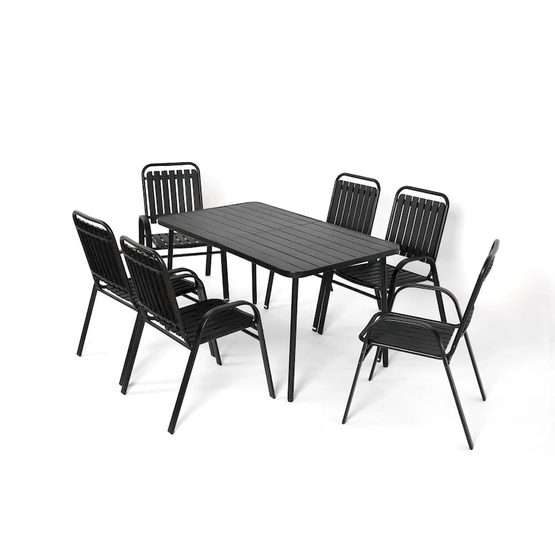 Ensemble de salle à manger d'extérieur 7 pièces comprenant une table rectangulaire en acier et 6 chaises.