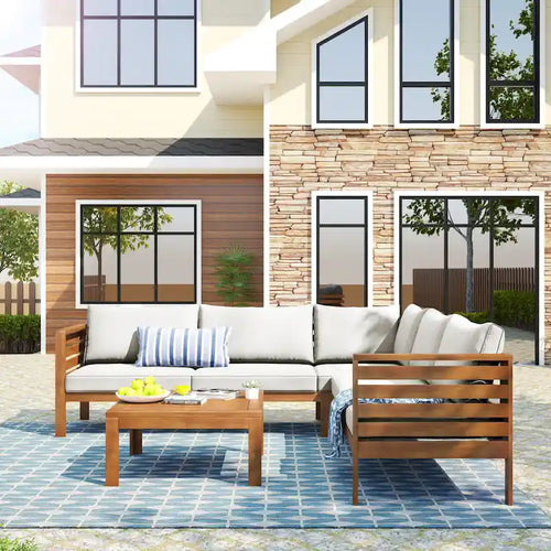 Ensemble de mobilier de jardin 4 pièces, comprenant un salon de jardin modulable avec table basse, un canapé deux places et un canapé d'angle.