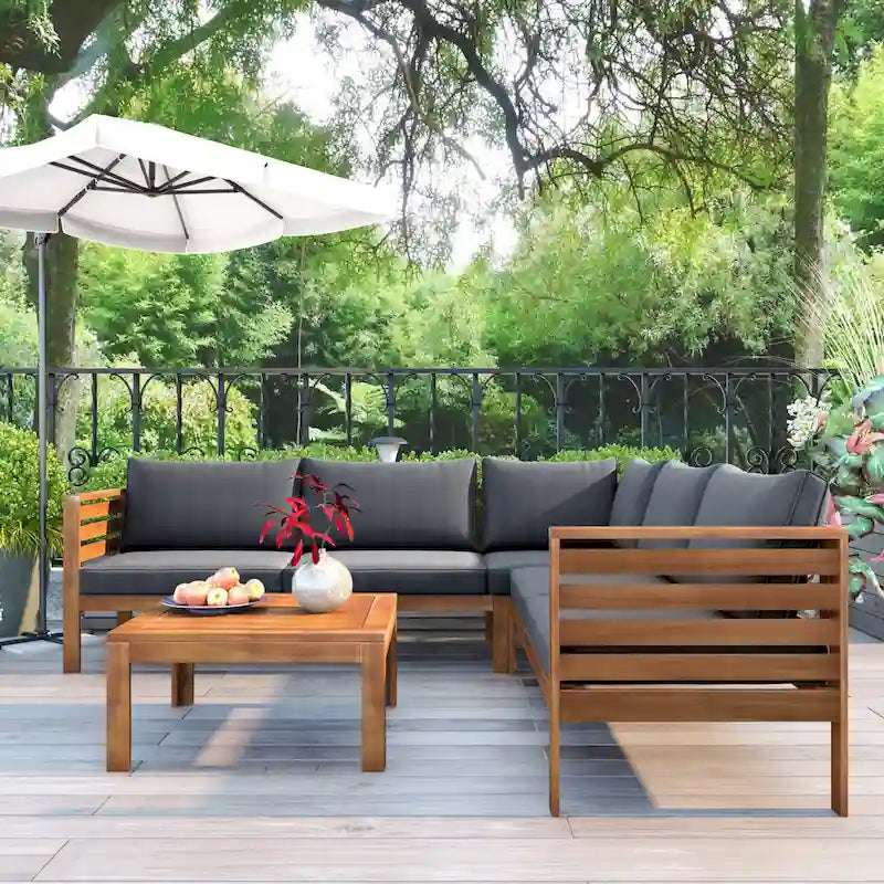 Ensemble de mobilier de jardin 4 pièces, comprenant un salon de jardin modulable avec table basse, un canapé deux places et un canapé d'angle.