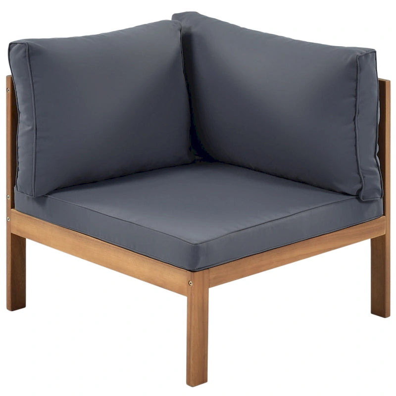 Ensemble de mobilier de jardin 4 pièces, comprenant un salon de jardin modulable avec table basse, un canapé deux places et un canapé d'angle.