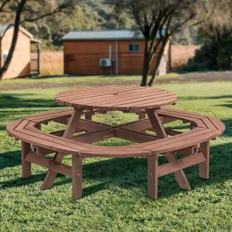 Table de pique-nique extérieure en bois pour plusieurs personnes avec diverses caractéristiques