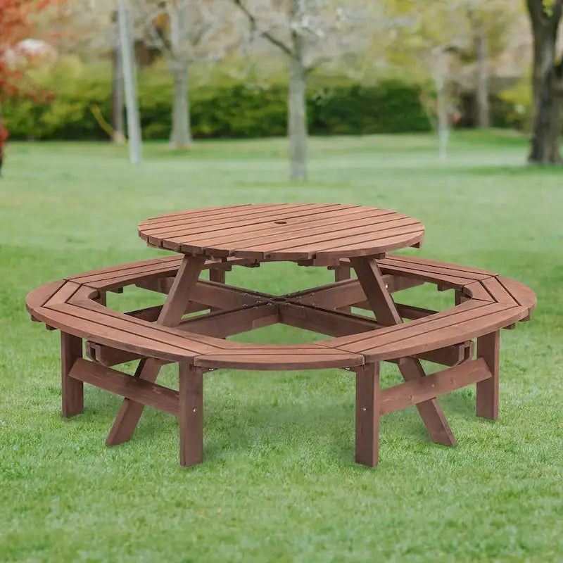 Table de pique-nique extérieure en bois pour plusieurs personnes avec diverses caractéristiques