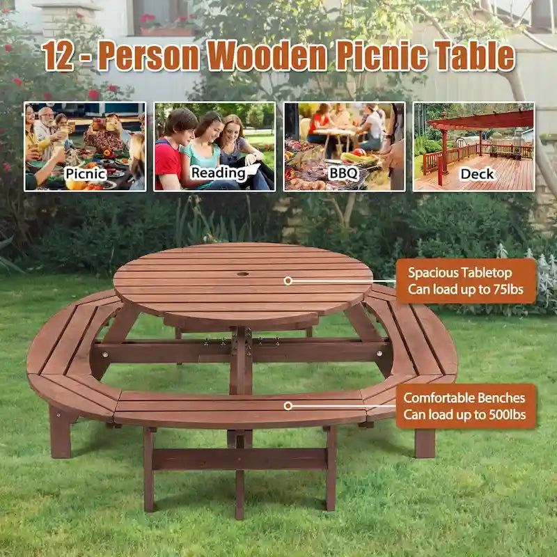 Table de pique-nique extérieure en bois pour plusieurs personnes avec diverses caractéristiques