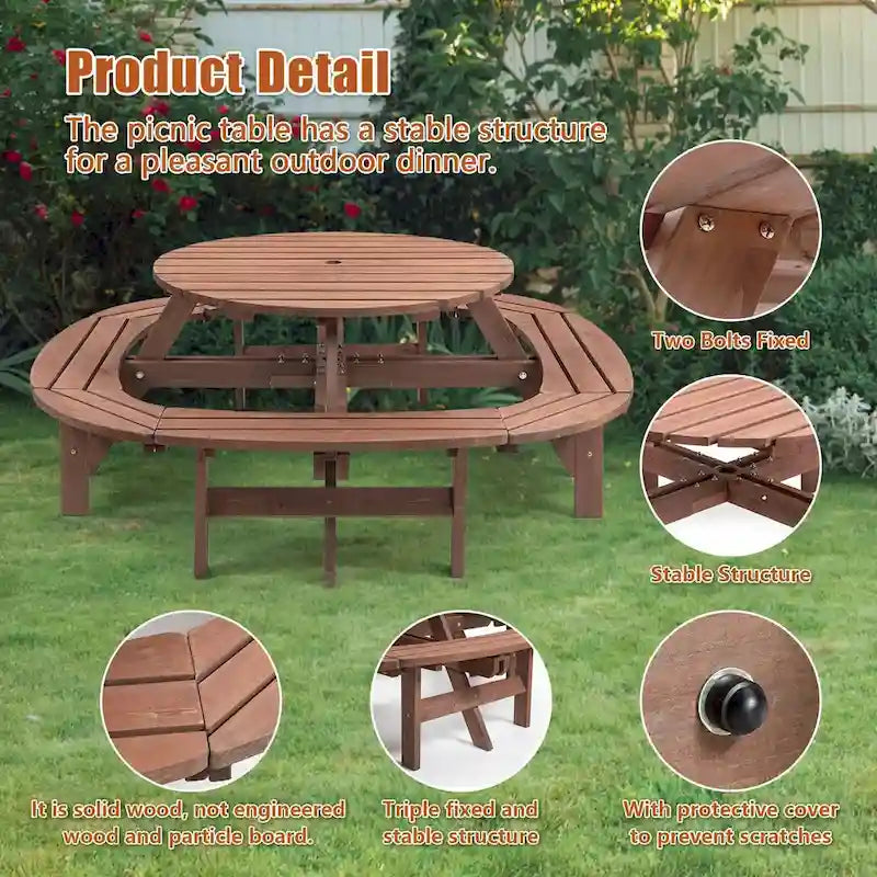 Table de pique-nique extérieure en bois pour plusieurs personnes avec diverses caractéristiques