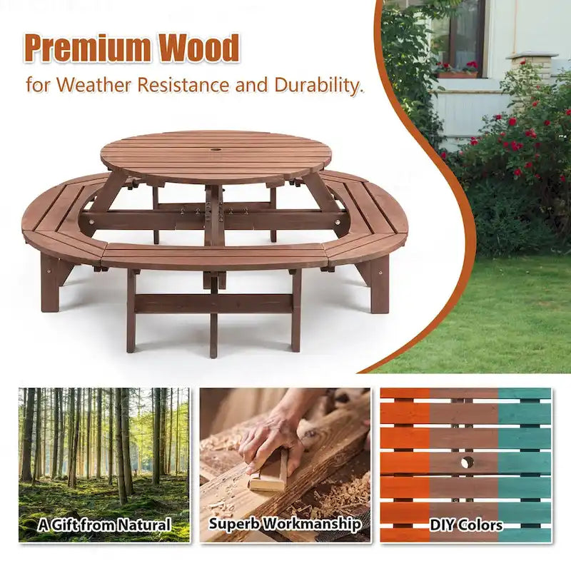 Table de pique-nique extérieure en bois pour plusieurs personnes avec diverses caractéristiques