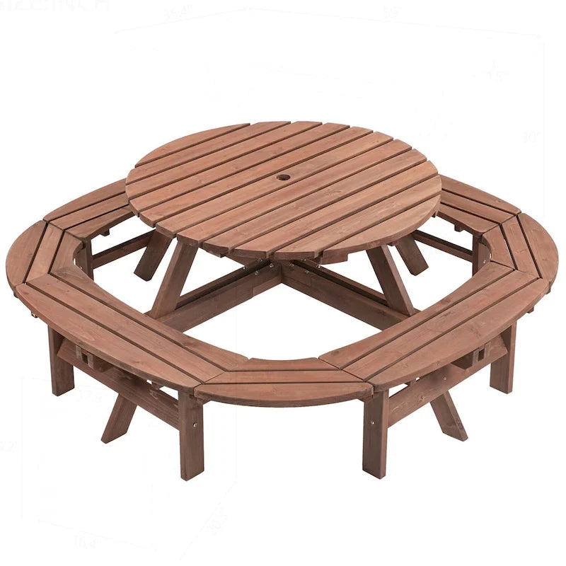 Table de pique-nique extérieure en bois pour plusieurs personnes avec diverses caractéristiques