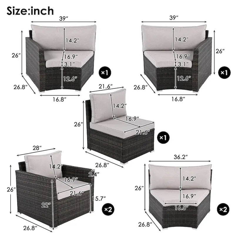 Ensemble de mobilier de jardin en rotin 9 pièces, sectionnel et conversation