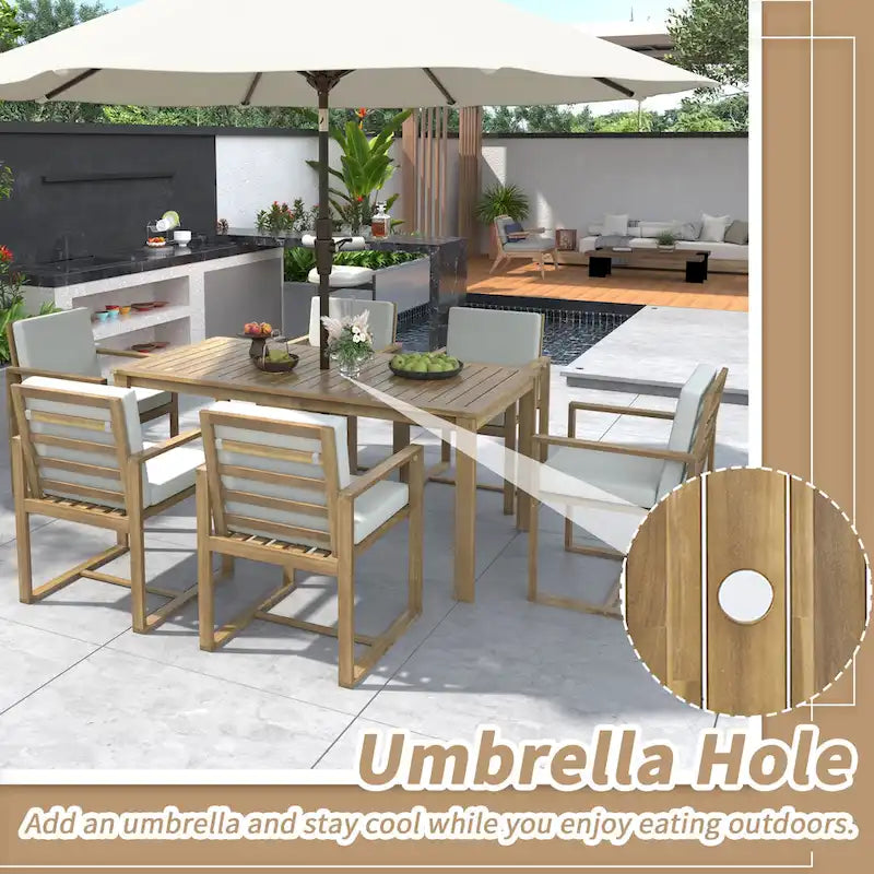Ensemble de salle à manger d'extérieur 7 pièces, comprenant une table et 6 chaises avec coussins amovibles, idéal pour terrasse et jardin.