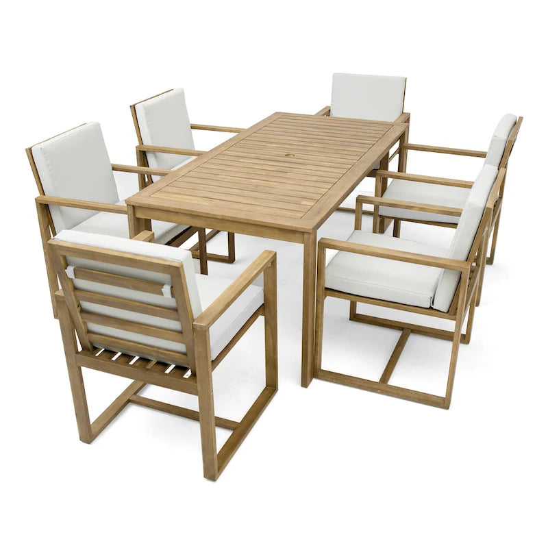 Ensemble de salle à manger d'extérieur 7 pièces, comprenant une table et 6 chaises avec coussins amovibles, idéal pour terrasse et jardin.
