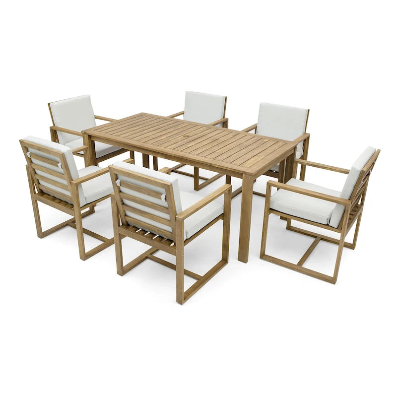 Ensemble de salle à manger d'extérieur 7 pièces, comprenant une table et 6 chaises avec coussins amovibles, idéal pour terrasse et jardin.