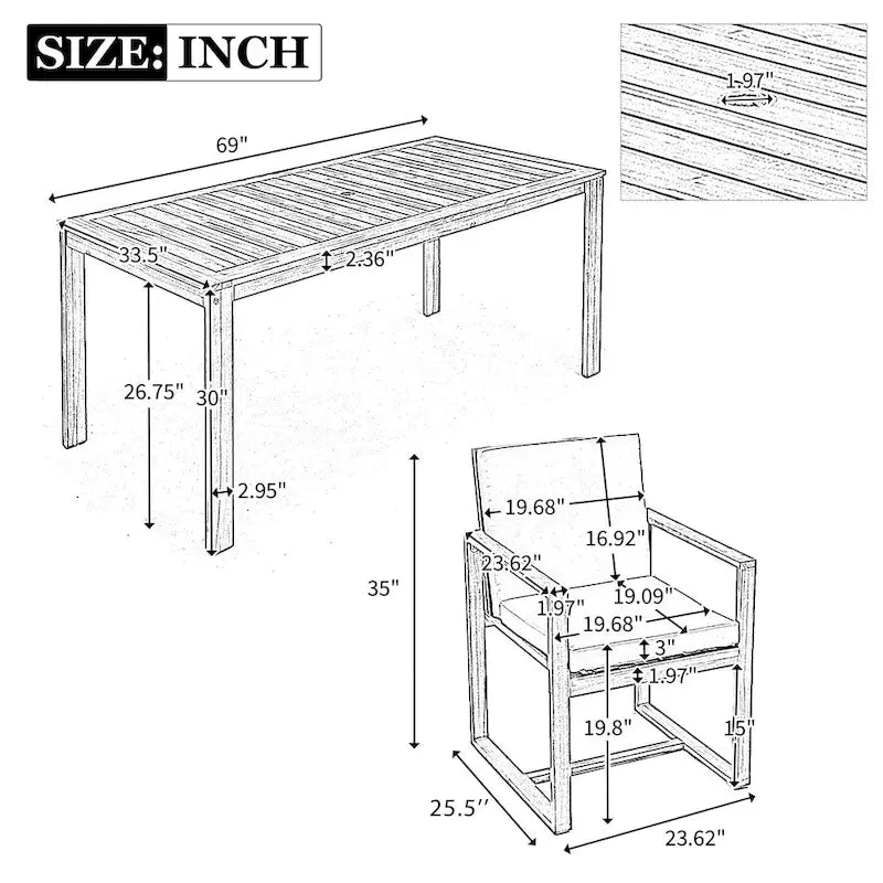 Ensemble de salle à manger d'extérieur 7 pièces, comprenant une table et 6 chaises avec coussins amovibles, idéal pour terrasse et jardin.