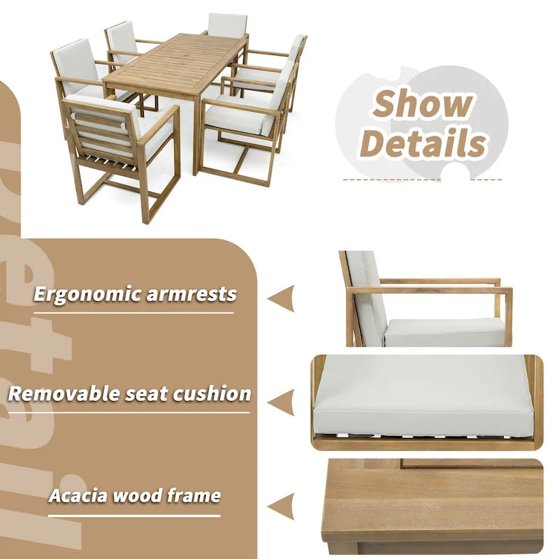 Ensemble de salle à manger d'extérieur 7 pièces, comprenant une table et 6 chaises avec coussins amovibles, idéal pour terrasse et jardin.