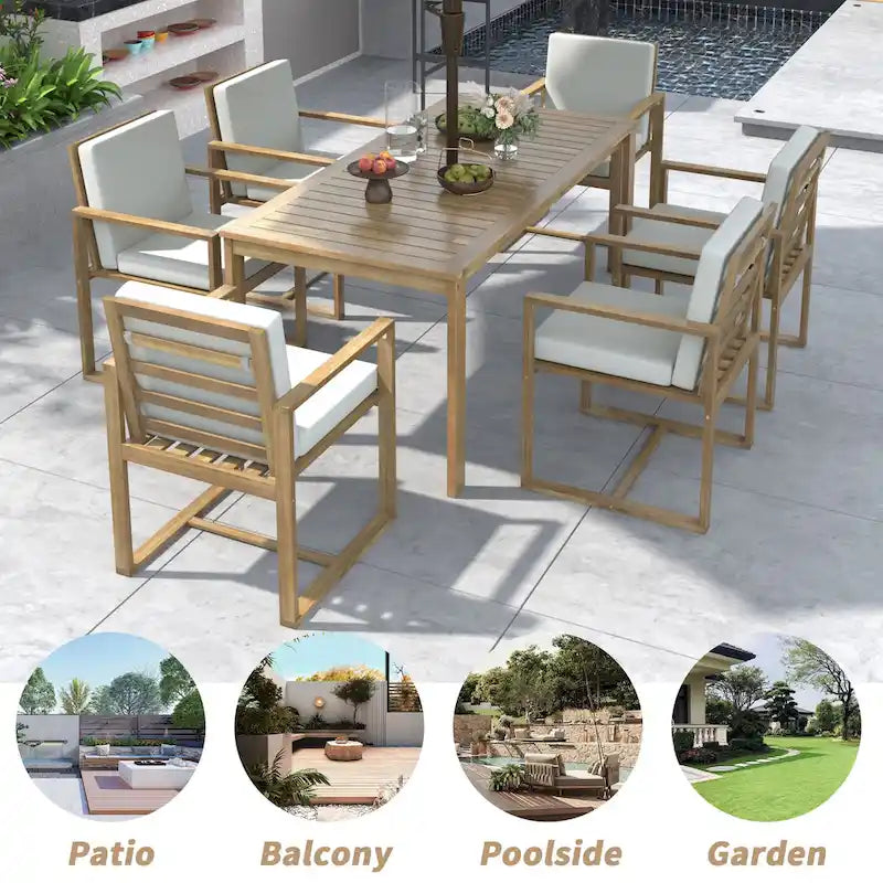 Ensemble de salle à manger d'extérieur 7 pièces, comprenant une table et 6 chaises avec coussins amovibles, idéal pour terrasse et jardin.