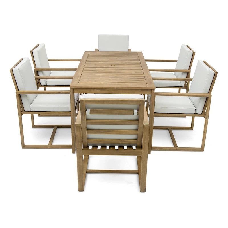 Ensemble de salle à manger d'extérieur 7 pièces, comprenant une table et 6 chaises avec coussins amovibles, idéal pour terrasse et jardin.