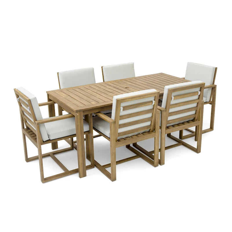 Ensemble de salle à manger d'extérieur 7 pièces, comprenant une table et 6 chaises avec coussins amovibles, idéal pour terrasse et jardin.