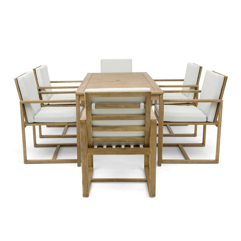 Ensemble de salle à manger d'extérieur 7 pièces, comprenant une table et 6 chaises avec coussins amovibles, idéal pour terrasse et jardin.