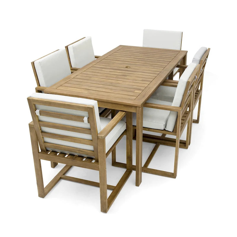 Ensemble de salle à manger d'extérieur 7 pièces, comprenant une table et 6 chaises avec coussins amovibles, idéal pour terrasse et jardin.