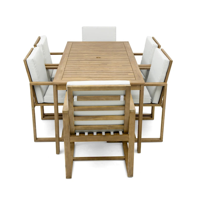 Ensemble de salle à manger d'extérieur 7 pièces, comprenant une table et 6 chaises avec coussins amovibles, idéal pour terrasse et jardin.