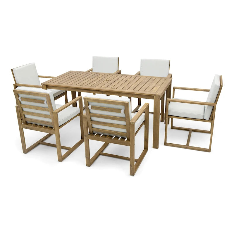 Ensemble de salle à manger d'extérieur 7 pièces, comprenant une table et 6 chaises avec coussins amovibles, idéal pour terrasse et jardin.