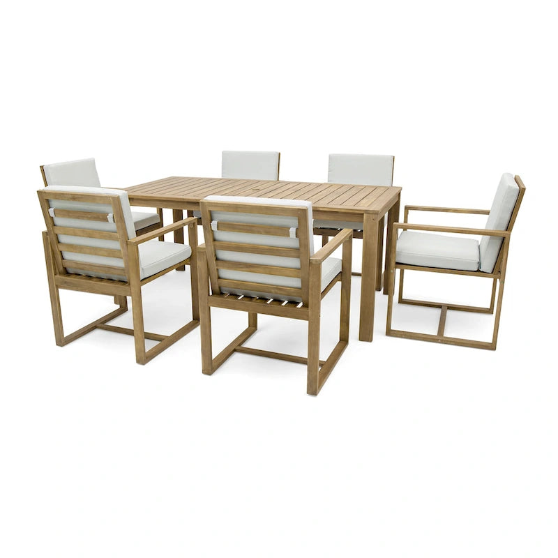 Ensemble de salle à manger d'extérieur 7 pièces, comprenant une table et 6 chaises avec coussins amovibles, idéal pour terrasse et jardin.